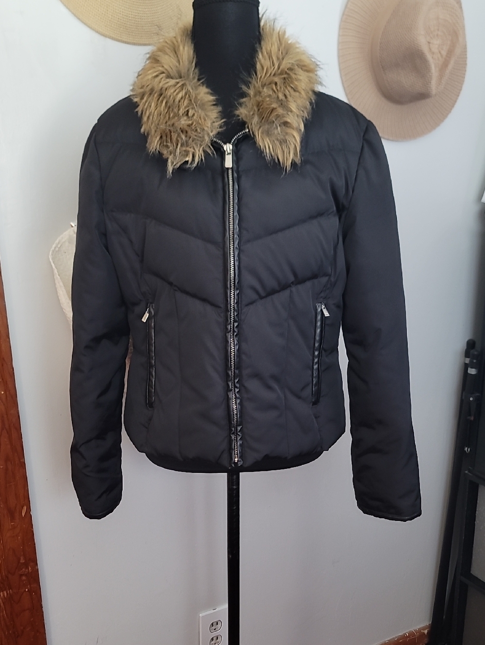 Michael Kors Black Puffer Jacket with Faux Fur Trim